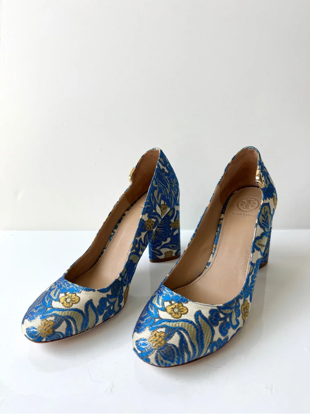 Tory Burch Elizabeth Metallic Floral Brocade Block Heel Pumps in Blue Multi Sz 8